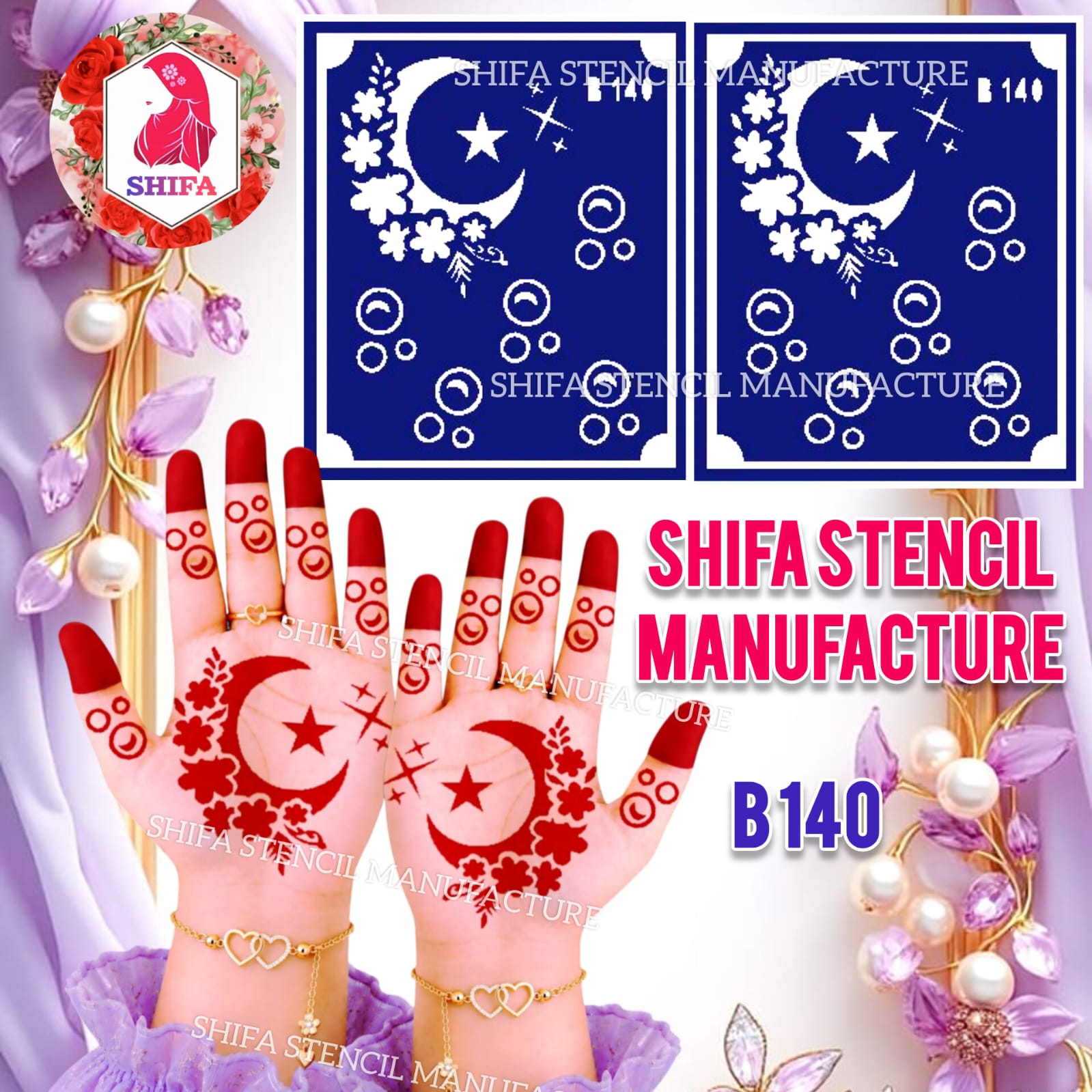 B140 Floral Crescent Radiance Double Hand - Ramzan Designs Henna Stencil - Shifa Stencil